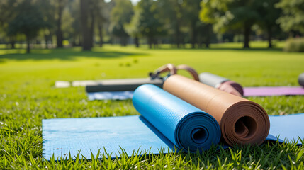 Rolled-up yoga mats on grass, with a sunny park background. Concept of outdoor relaxation and fitness. For promoting outdoor yoga classes