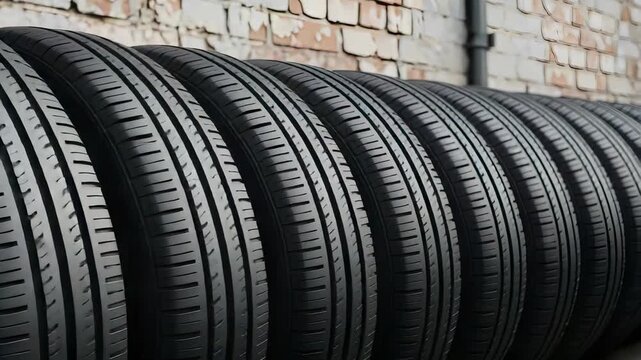Row of New Black Tires Against a Textured Brick Wall Showcasing Tread Pattern and Design in Neutral Lighting
