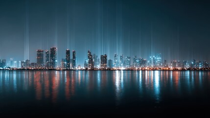 Cityscape with glowing lights reflected on water at night with tall buildings