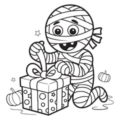 Cartoon mummy opening a present with pumpkins and stars