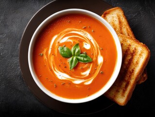 Bowl of tomato soup with toasted bread.