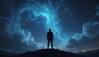 Silhouette of a man standing on a hill under a starry night sky with nebula like clouds above him