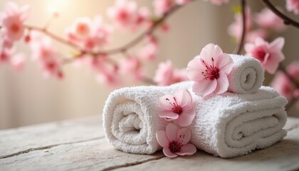 Serene Spa Still Life: Rolled Towels Adorned with Delicate Pink Cherry Blossoms
