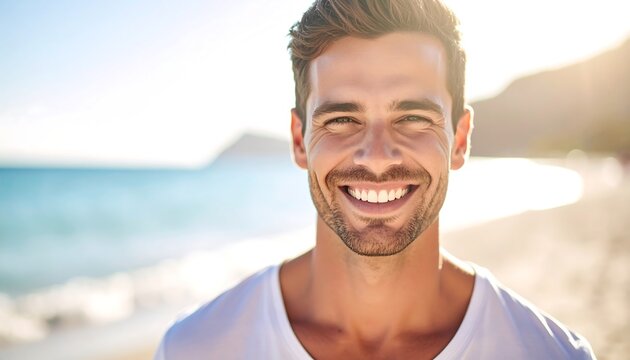 Happy man smiling at the beach on a sunny day