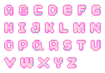 8-bit pixel art cute y2k pink holographic alphabet letters set © Yejin Woo