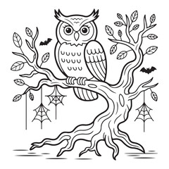 Owl sitting on a tree branch with bats and spiderwebs art