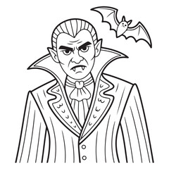Outline drawing of a vampire with a bat on white background