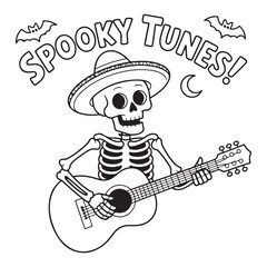 Skeleton playing guitar with bats and spooky tunes text