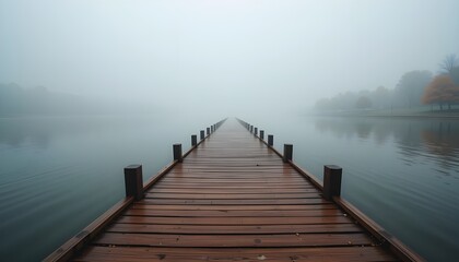 Fototapeta premium A long wooden pier stretching into a misty lake disappearing into the distance on a foggy day