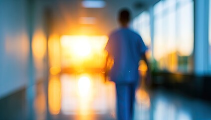 Blurred hospital hallway at sunset
