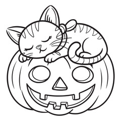 Sleeping cat on a halloween pumpkin black and white outline