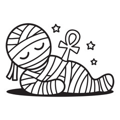 Cartoon mummy with ankh and stars in black and white lineart