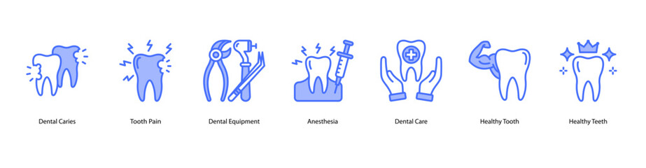 Oral health web banner icon vector illustration showing Dental Caries, Tooth Pain, Dental Equipment, Anesthesia, Dental Care, Healthy Tooth, and Healthy Teeth.