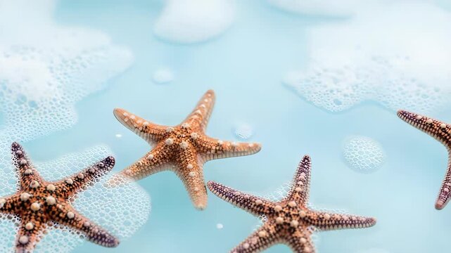 Three Starfish Displayed on Light Blue Bubbled Surface for Spa Ambience