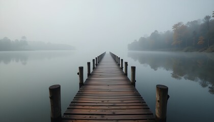 Naklejka premium A wooden pier stretching into a misty lake surrounded by trees on a foggy morning landscape view