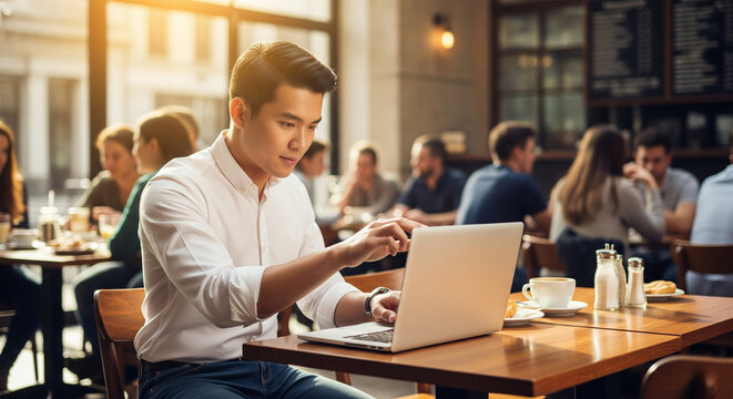 Young Asian freelancer working remotely on a laptop in a bright city coffee shop, embodying the digital nomad lifestyle.