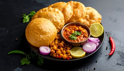 A platter of golden-brown puri, a spicy chickpea curry, and garnishes