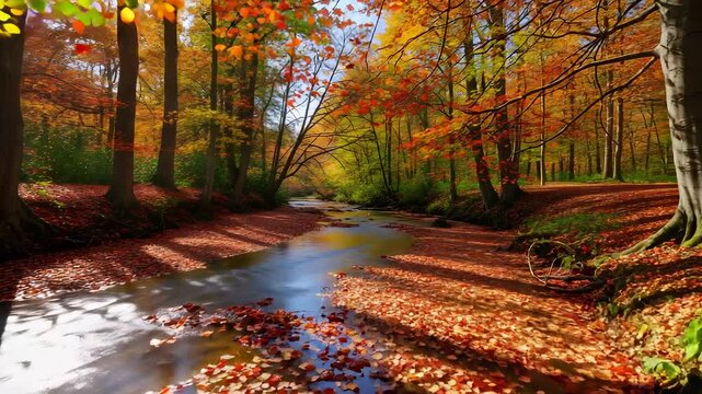 Vibrant Autumn Forest Scene With Stream Flowing Through Red Orange and Yellow Foliage in Sunny Day