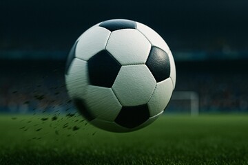 Fototapeta premium Dynamic Close-Up of Soccer Ball Flying Across Green Field in Stadium
