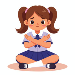 Cartoon girl with brown hair and school uniform sitting cross-legged with arms crossed, looking sad.