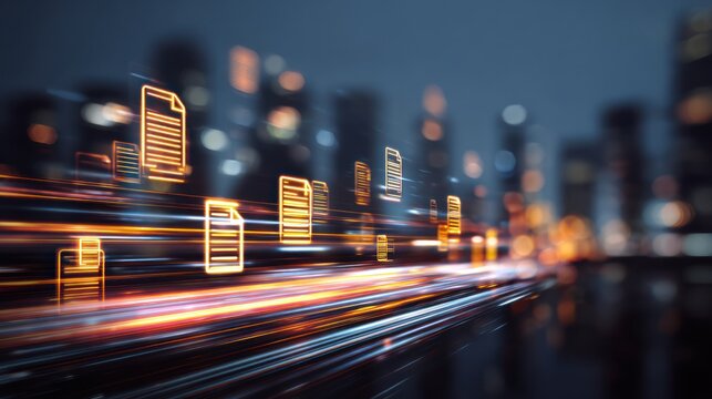 Digital documents stream rapidly through a futuristic city at night
