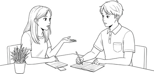 Boy and girl collaborating at a desk, completing paperwork and having a conversation in a calm and focused atmosphere