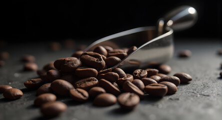 Roasted Coffee Beans with Metal Scoop