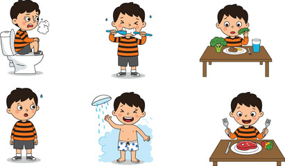 Cartoon Boy Daily Routine Activities – Brushing Teeth, Eating Meals, Showering, Using Toilet, Feeling Sick, and Healthy Lifestyle Actions