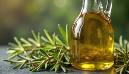 Aromatic Rosemary Oil in Glass Bottle, Close-up