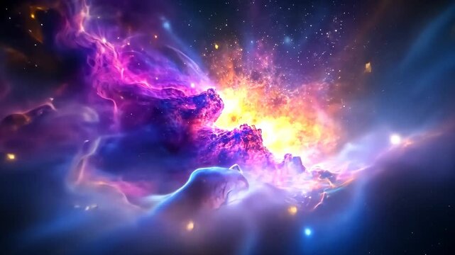 Celestial Symphony: Witness a vibrant tapestry of cosmic clouds ablaze with celestial brilliance, capturing the grandeur of space