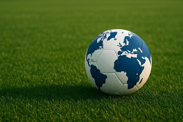 Soccer Ball with World Map on Grass Field Symbolizing Global Football Competitions