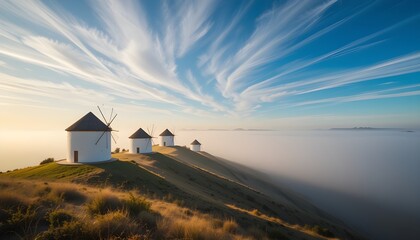 Windmills on a grassy hill under a blue sky with wispy clouds and a sea of fog in the distance
