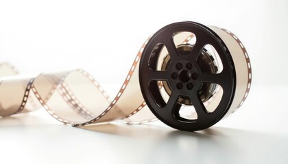 Obraz premium Vintage Black Film Reel with Unwinding Celluloid on a Bright White Background