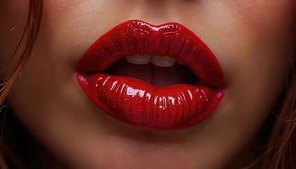 Fototapeta premium Luscious Red Lips Glistening with Gloss, Parted in Seductive Allure