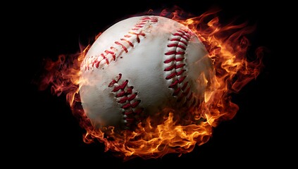 Fiery Baseball: A Dramatic Image of a Baseball in Flames, A baseball engulfed in flames against a black background.