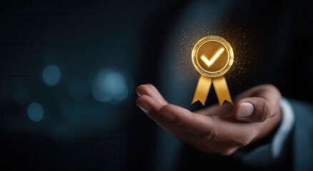 A hand holding a golden badge with a check mark and ribbon, a quality bounty award icon on a dark background. A businessman presenting the trajectory of action in his hand with.