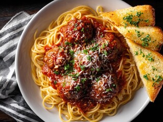 Delicious spaghetti and meatballs with garlic bread.