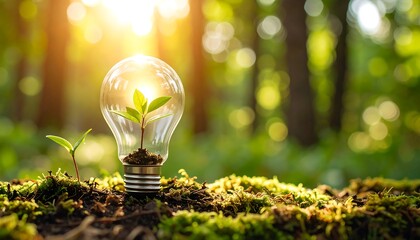 A seedling sprouts inside a lightbulb, nestled in moss and soil, bathed in sunlight filtering through a forest
