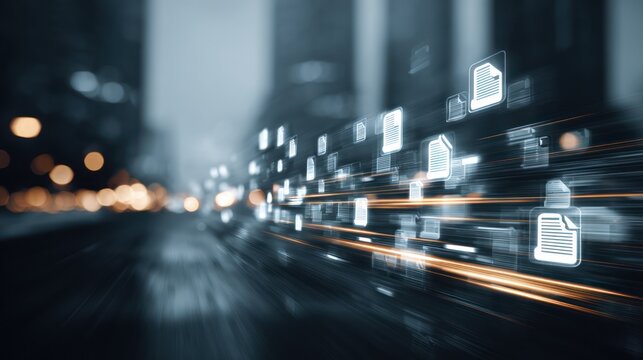 Digital document icons moving fast through city, representing data transfer