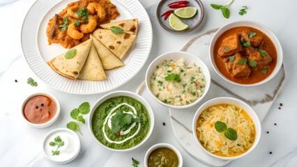 A vibrant overhead view of a delicious indian food spread with various curries and breads