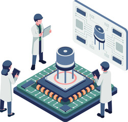 Isometric Engineer Working on Transistor and Semiconductor Design