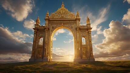 Obraz premium Golden ornate archway at sunset with dramatic clouds and vibrant light