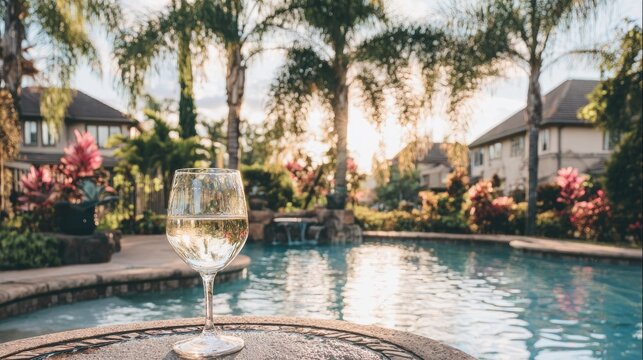 Glass of wine by a swimming pool with lush landscaping. - Powered by Adobe