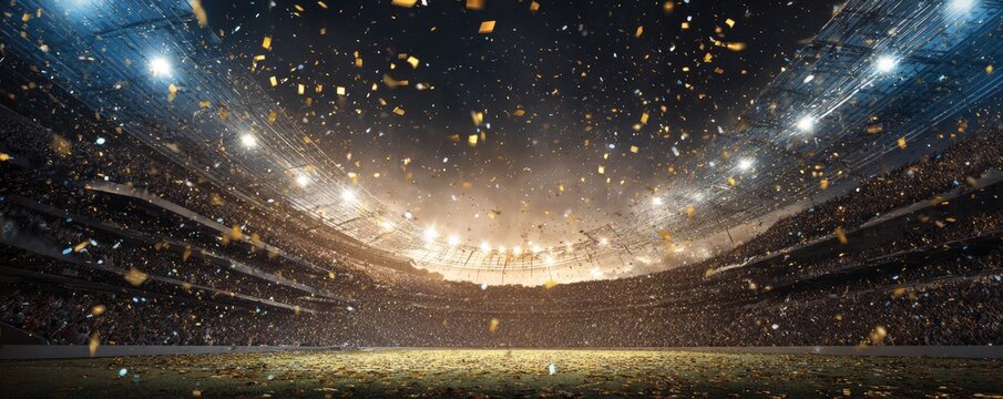Massive stadium filled with cheering fans, confetti falling
