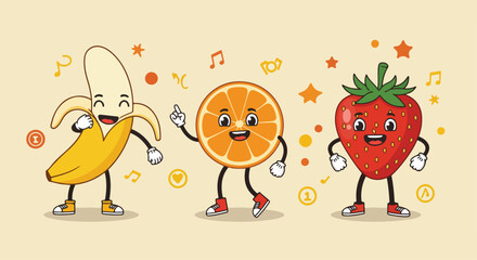 Naklejka premium Whimsical illustration of anthropomorphic fruit characters: a banana, orange slice, and strawberry, set against a tan background with star and musical note accents.