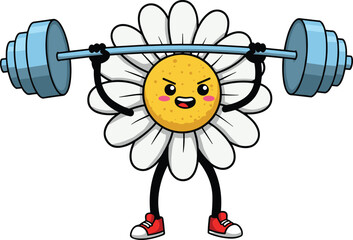 Cute cartoon daisy lifting heavy barbell weights with confidence, showing flower power, strength, and determination in a fun lifestyle pose