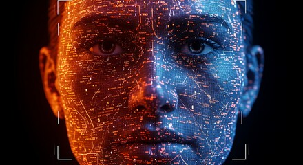AI Face with Red - Blue Digital Grid Overlay