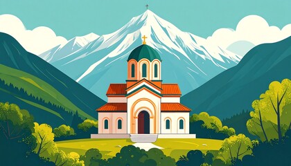 A serene church nestled in a valley, with majestic snow-capped mountains in the background.  Vibrant green hills surround the tranquil scene