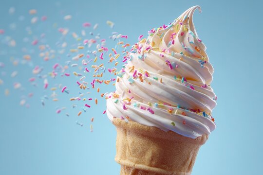 A photorealistic image of an ice cream cone with a swirled soft-serve ice cream, sprinkles on top, against a light blue background. The focus is sharp, and the scene captures the.