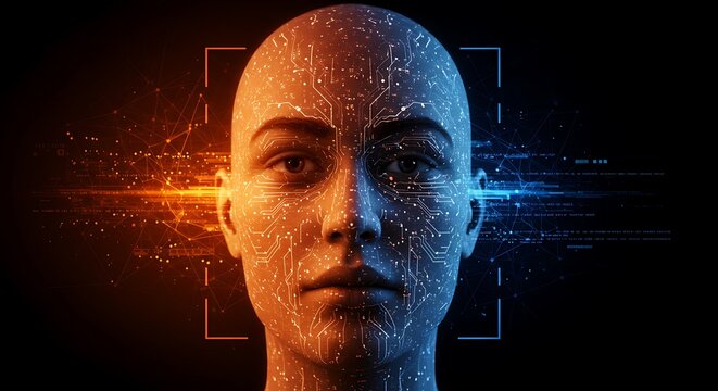 AI Face with Orange - Blue Digital Circuit Overlay - Powered by Adobe